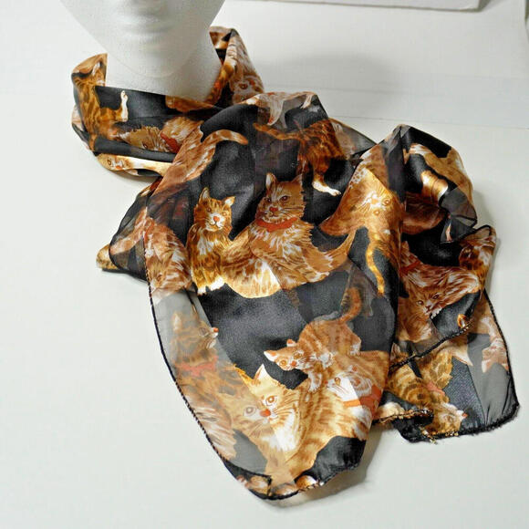 Cat Scarf Black Orange‎ Gold Sheer Cats Kittens Quirky Gift Twee Whimsical Wrap - Picture 1 of 4